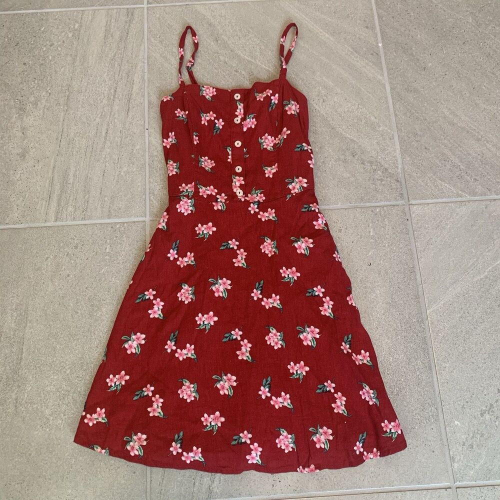 Hollister Womens Red Floral Spaghetti Strap Elastic Lined Short Dress Size XS
